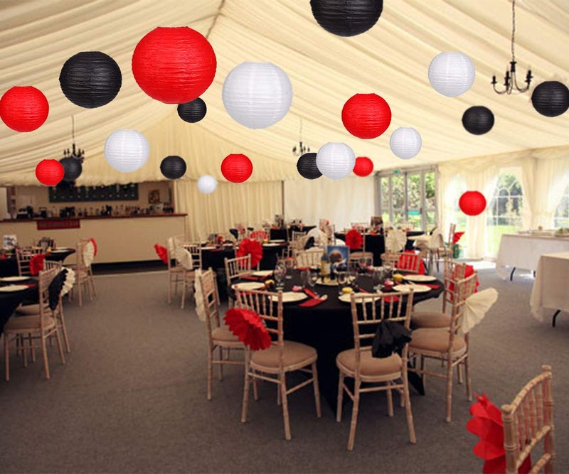 zilue 24pcs Hanging Round Paper Lanterns for Wedding Birthday Party Baby Showers Decoration Black/Red - Image 4